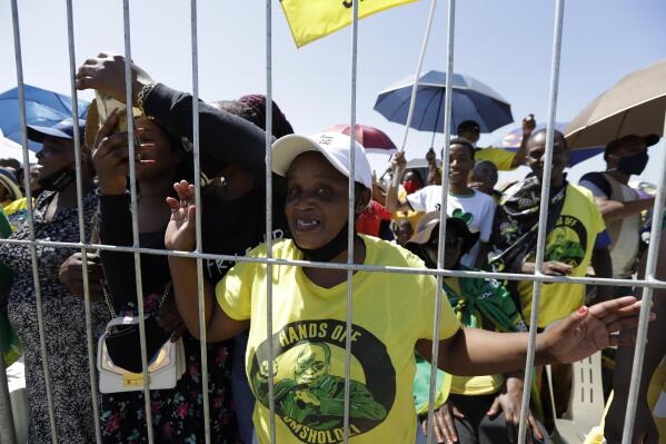 Supporters of former President Jacob Zuma attend a welcoming prayer rally in Durban, South Africa, Thursday, Oct.14, 2021. Zuma was recently released on medical parole after serving part of a 15-month jail term for contempt of court. (AP Photo/Themba Hadebe)