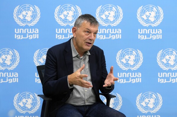 FILE - Philippe Lazzarini, head of the United Nations Agency for Palestine Refugees, spoke to The Associated Press in an interview Wednesday, Dec. 6, 2023, at UNRWA headquarters in Beirut, Lebanon. The head of the United Nations' main agency, a group that supports the people of the Gaza Strip, says Israel intends to 