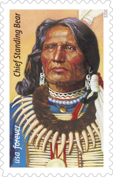 This image provided by the U.S. Postal Service shows the new stamp honoring Native American civil rights leader Chief Standing Bear, issued on Friday, May 12, 2023. Standing Bear won a landmark court ruling in 1879 recognizing that Native Americans are entitled to inherent rights under the law. Art director Derry Noyes designed the stamp. (U.S. Postal Service via AP)