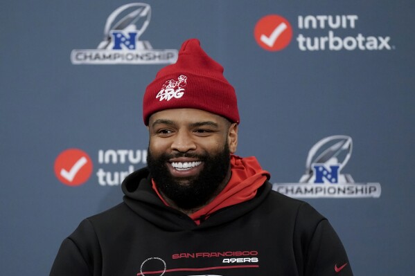 San Francisco 49ers offensive tackle Trent Williams speaks during a news conference after the NFL football team's practice in Santa Clara, Calif., Thursday, Jan. 25, 2024. (AP Photo/Jeff Chiu)
