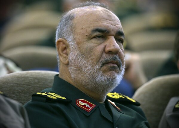 In this April 24, 2019, Iran's Revolutionary Guard commander Gen. Hossein Salami attends a meeting in Tehran, Iran. Iran's Revolutionary Guard shot down a U.S. drone on Thursday, June 20, 2019, amid heightened tensions between Tehran and Washington over its collapsing nuclear deal with world powers, American and Iranian officials said, while disputing the circumstances of the incident. Salami, speaking to a crowd in the western city of Sanandaj on Thursday, described the American drone as "violating our national security border." (Sepahnews via AP )