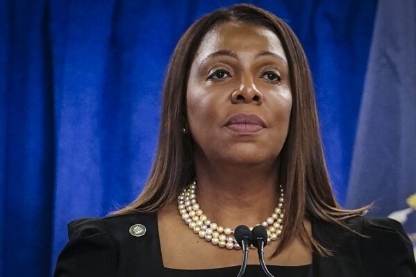 FILE - New York Attorney General Letitia James speaks during a press briefing, Friday, Feb. 16, 2024, in New York. New York state officials may continue to take legal action against a county outside New York City that has banned transgender players from women’s and girls teams, a judge ruled Thursday, April 4, 2024. (AP Photo/Bebeto Matthews, File)