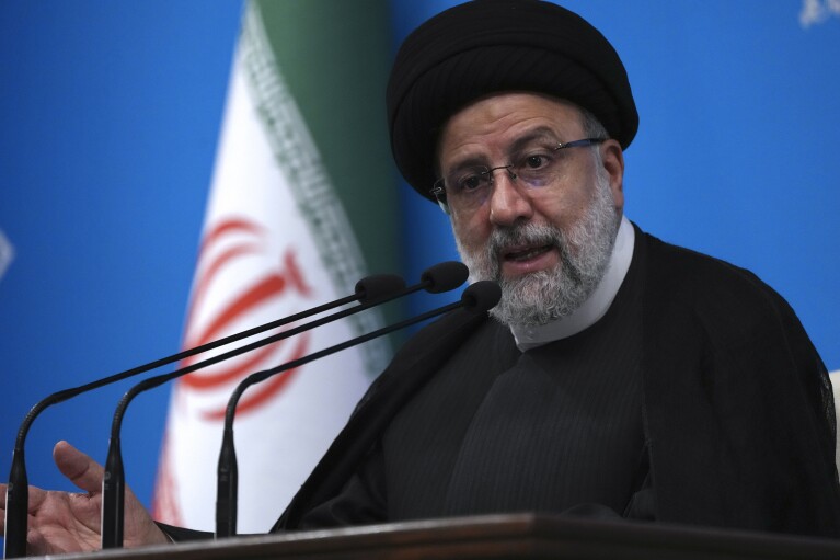 Iranian President Ebrahim Raisi speaks during a press conference in Tehran, Iran, Tuesday, Aug. 29, 2023. (AP Photo/Vahid Salemi)