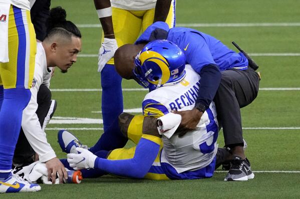 Los Angeles Rams wide receiver Odell Beckham Jr. (3) lies injured against the Cincinnati Bengals during the first half of the NFL Super Bowl 56 football game Sunday, Feb. 13, 2022, in Inglewood, Calif. (AP Photo/Elaine Thompson)