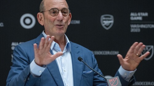 Major League Soccer commissioner Don Garber speaks with reporters during MLS All-Star events, Tuesday, July 18, 2023, in Washington. (AP Photo/Alex Brandon)