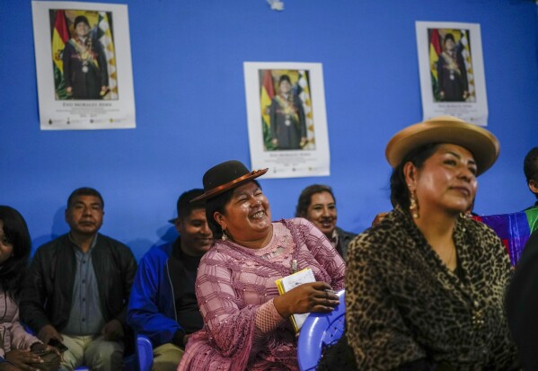Senator Simona Quispe, center, attends a meeting of lawmakers with Evo Morales, former president and leader of the MAS party, in La Paz, Bolivia, Tuesday, March 5, 2024. (AP Photo/Juan Karita)