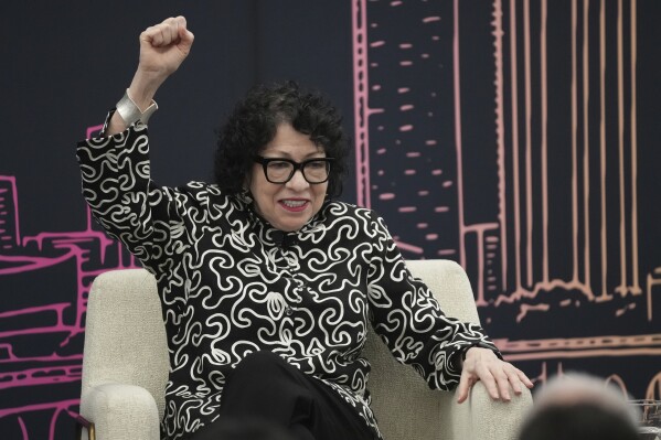 U.S. Supreme Court Associate Justice Sonia Sotomayor participates in a fireside chat with Knight Foundation President and CEO Maribel Pérez Wadsworth in Miami Tuesday, Feb. 11, 2025. (AP Photo/Lynne Sladky)