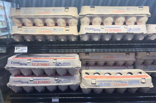 The eggs are on display at a grocery store in Carmel, Indiana on Wednesday, April 9, 2025 (AP Photo/Michael Conroy)
