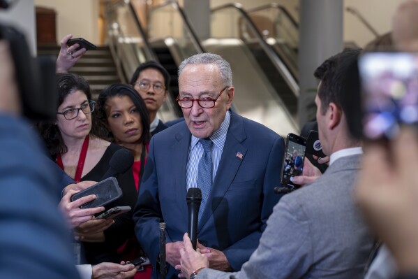 Senate Majority Leader Chuck Schumer, D-N.Y., discusses next steps for the foreign aid package for Ukraine and Israel on the day after the bipartisan Senate border security bill collapsed, at the Capitol in Washington, Wednesday, Feb. 7, 2024. (AP Photo/J. Scott Applewhite)