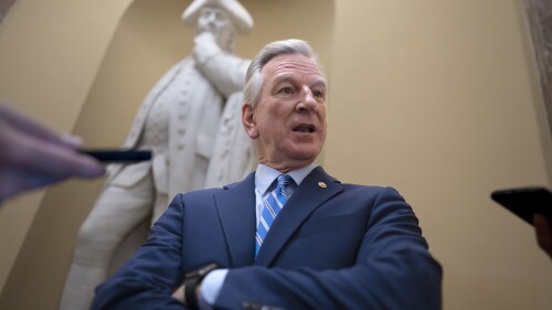 FILE - Sen. Tommy Tuberville, R-Ala., a member of the Senate Armed Services Committee, talks to reporters at the Capitol in Washington, May 16, 2023. (AP Photo/J. Scott Applewhite, File)