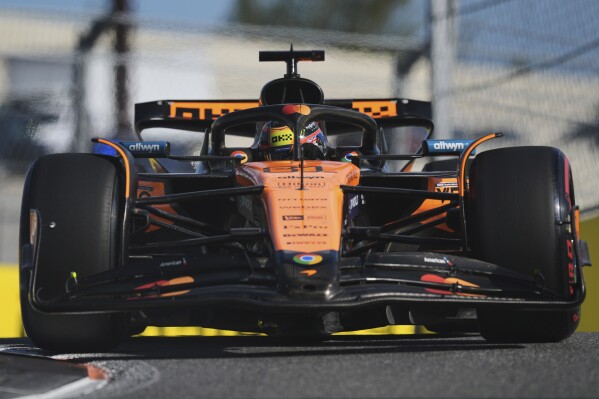 McLaren driver Oscar Piastri of Australia steers his car during the Sprint race qualifying session at the Formula One Miami Grand Prix auto race, Friday, May 2, 2025, in Miami Gardens, Fla. (AP Photo/Rebecca Blackwell)