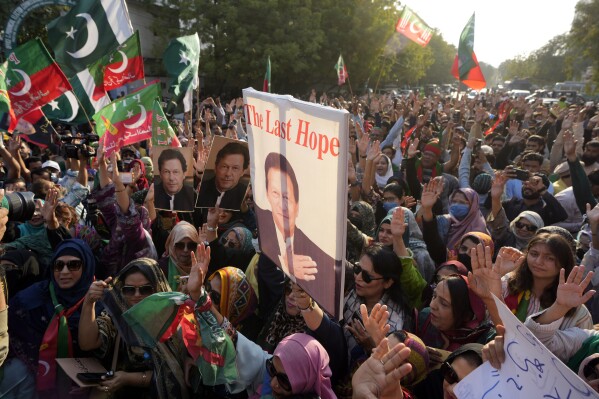 Supporters of imprisoned Pakistan's former Prime Minister Imran Khan's party chant slogans during a protest against the delaying result of parliamentary election by Pakistan Election Commission, in Karachi, Pakistan, Sunday, Feb. 11, 2024. (APPhoto/Fareed Khan)