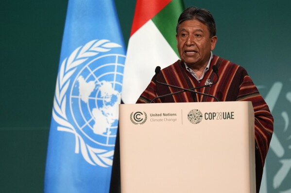 Bolivia Vice President David Choquehuanca speaks during a plenary session at the COP28 U.N. Climate Summit, Saturday, Dec. 2, 2023, in Dubai, United Arab Emirates. (AP Photo/Rafiq Maqbool)