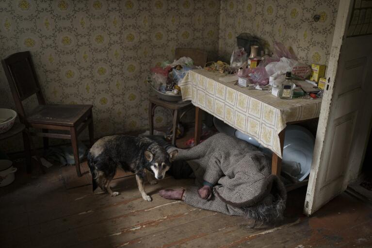 FILE - A dog stands next to the body of an elderly woman killed inside a house in Bucha, Ukraine, Tuesday, April 5, 2022. Russians hunted people on lists prepared by their intelligence services and went door to door to identify potential threats. As their advance to Kyiv stalled and losses mounted, Russian troops continued to cleanse the streets of Bucha and surrounding towns with rising levels of sometimes drunken violence. (AP Photo/Felipe Dana, File)