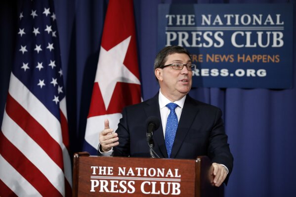 
              Cuban Foreign Minister Bruno Rodríguez speaks at the National Press Club, Thursday, Nov. 2, 2017, in Washington. (AP Photo/Alex Brandon)
            