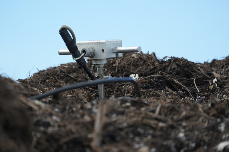 A remote sensor is set on top of a compost pile being cured at the Otay Landfill in Chula Vista, Calif., on Friday, Jan. 26, 2024. Two years after California launched an effort to keep organic waste out of landfills, the state is so far behind on getting food recycling programs up and running that it's widely accepted next year's ambitious waste-reduction targets won't be met. (AP Photo/Damian Dovarganes)