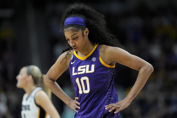 LSU forward Angel Reese (10) reacts during the fourth quarter of an Elite Eight round college basketball game against Iowa during the NCAA Tournament, Monday, April 1, 2024, in Albany, N.Y. (AP Photo/Mary Altaffer)