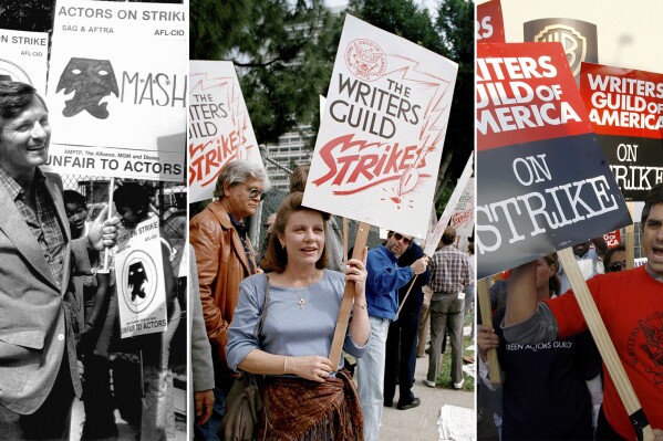 This combination of photos shows, from left, actor Alan Alda from the series "M*A*S*H*" picketing Twentieth-Century Fox studios in Los Angeles, Aug. 6, 1980, actor Patty Duke with striking writers on the picket line at 20th Century Fox Studios in Los Angeles on March 8, 1988, and actor John Stamos, a cast member on "the medical drama ER," supports members of the Writers Guild of America, as they strike outside the Warner Bros. Television Studios in Los Angeles on Nov. 6, 2007. (AP Photo)
