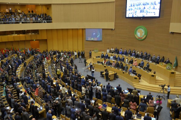 FILE - African heads of state attend the 37th Ordinary session of the Assembly of the African Union (AU) Summit at the AU headquarters in Addis Ababa, Ethiopia, on Feb. 17, 2024. Arab nations are putting to a vote a U.N. resolution demanding an immediate humanitarian cease-fire in Gaza, knowing it will be vetoed by the United States but hoping to show broad global support for ending the Israel-Hamas war. (AP Photo)