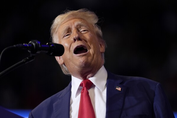 Republican presidential nominee former President Donald Trump speaks at a campaign rally at the Mohegan Sun Arena at Casey Plaza, Saturday, Aug. 17, 2024, in Wilkes-Barre, Pa. (AP Photo/Carolyn Kaster)