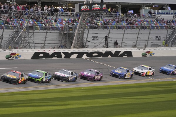A group of drivers led by Austin Dillon (3) runs laps during a practice session for the NASCAR Daytona 500 auto race at Daytona International Speedway, Friday, Feb. 16, 2024, in Daytona Beach, Fla. (AP Photo/John Raoux)