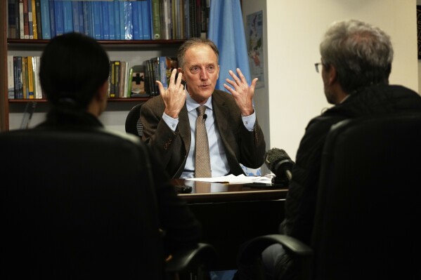 UN High Commissioner for Human Rights in Colombia Scott Campbell gives an interview in Bogota, Colombia, Tuesday, April 29, 2025. (AP Photo/Fernando Vergara)