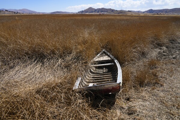 An abandoned boat sits near the shore of Lake Titicaca in Huarina, Bolivia, Thursday, July 27, 2023. The lake's low water level is having a direct impact on the local flora and fauna and is affecting local communities that rely on the natural border between Peru and Bolivia for their livelihood. (AP Photo/Juan Karita)