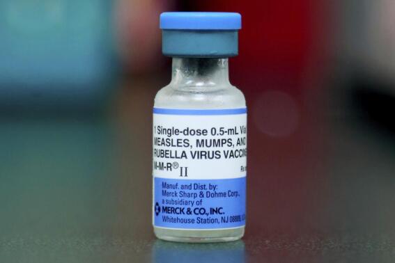 FILE - This Friday, May 17, 2019 file photo shows a vial of a measles, mumps and rubella vaccine in Mount Vernon, Ohio. According to a report released by the Centers for Disease Control and Prevention on Thursday, April 21, 2022, a smaller portion of U.S. children got routine vaccinations required for kindergarten during the pandemic, raising concerns that measles and other preventable diseases could increase. (AP Photo/Paul Vernon, File)