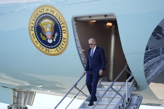 President Joe Biden arrives at John F. Kennedy International Airport, Thursday, April 25, 2024, in New York. (AP Photo/Evan Vucci)