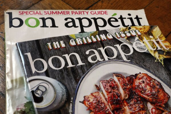Two covers of Bon Appetit magazine are shown in this photo, in New York, Wednesday, June 10, 2020. The staff at Bon Appetit, whose top editor resigned after a revolt by the journalists there after an offensive photo of him circulated online amid longstanding issues over treatment of people of color, said in a statement Wednesday, June 10,  that "our mastheads have been far too white for far too long" and the magazine was making changes. (AP Photo/Richard Drew)
