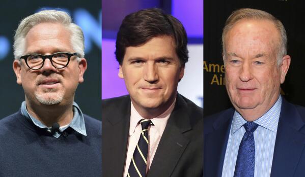 This combination of photos shows former Fox News personalities Glenn Beck, left, Tucker Carlson, center, and Bill O'Reilly. (AP Photo)