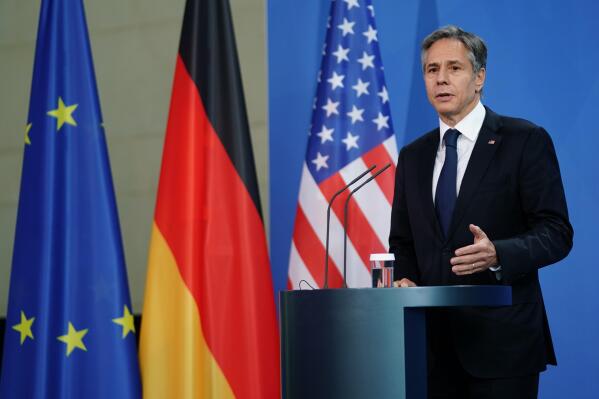 US Secretary of State Antony Blinken takes part in a joint press conference with German Chancellor Angela Merkel at the Chancellery in Berlin, Germany, Wednesday June 23, 2021. (Clemens Bilan/Pool via AP)
