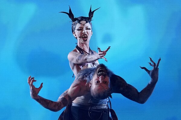 Bambie Thug, of Ireland, performs the song Doomsday Blue during the Grand Final of the Eurovision Song Contest in Malmo, Sweden on May 11, 2024. (AP Photo/Martin Meissner, File)