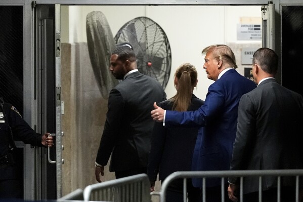 Former President Donald Trump leaves the courtroom during a break at Manhattan criminal court, Monday, May 6, 2024, in New York. (AP Photo/Julia Nikhinson, Pool)