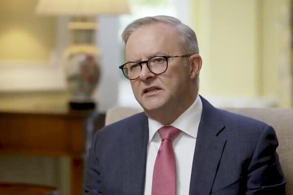 In this image made from video, Australian Prime Minister Anthony Albanese speaks during an interview with Australian Broadcasting Corp. in London, Thursday, May 4, 2023. Albanese has expressed frustration at the United States’ continuing efforts to extradite WikiLeaks founder and Australian citizen Julian Assange, saying: “There is nothing to be served by his ongoing incarceration.” (Australian Broadcasting Corp. via AP)