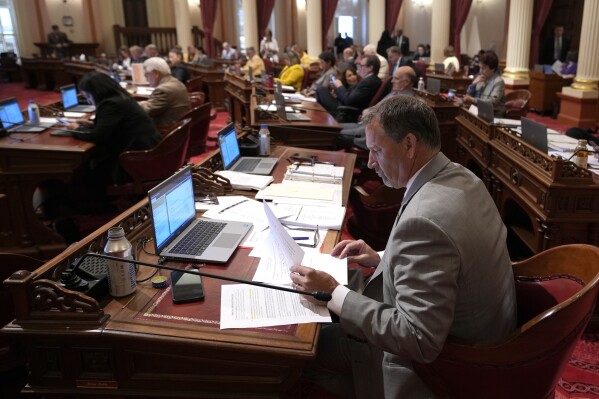 State Sen. Brian Dahle, R-Bieber, works at his desk as legislators work on the state budget at the Capitol in Sacramento, Calif., Tuesday , June 27, 2023. Both houses approved the $310.8 billion spending plan that covers the nearly $32 billion budget deficit without raiding the state's saving account. (AP Photo/Rich Pedroncelli)