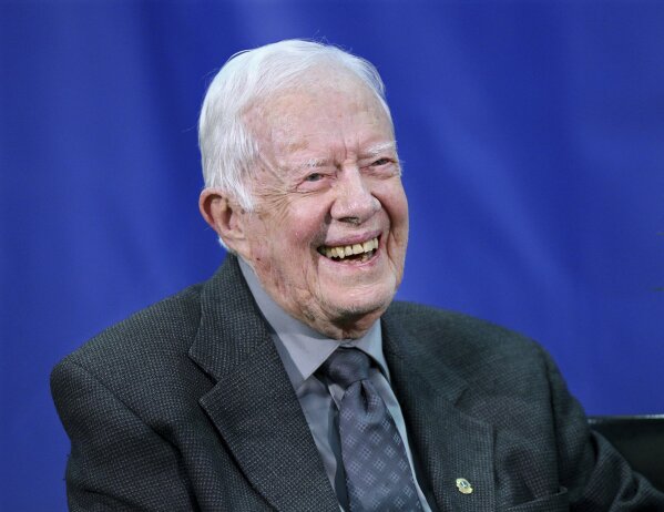
              Former President Jimmy Carter, 93, answers questions from students during his annual town hall with Emory University freshman in the campus gym on Wednesday, Sept. 12, 2018, in Atlanta. (Curtis Compton/Atlanta Journal-Constitution via AP)
            