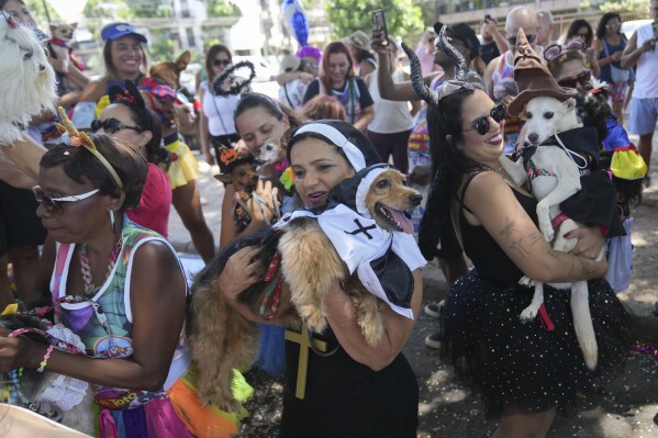 Owners and their pets take part in the "Blocao" dog carnival parade in Rio de Janeiro, Brazil, Saturday, March 1, 2025. (AP Photo/Silvia Izquierdo)