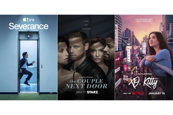 This combination of images shows promotional art for "Severance," from left, "The Couple Next Door" and "XO, Kitty." (Apple TV+/Starz/Netflix via AP)