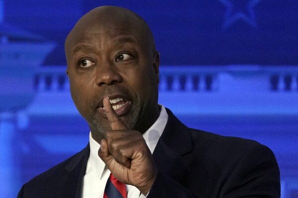 Sen. Tim Scott, R-S.C., speaks during a Republican presidential primary debate hosted by FOX Business Network and Univision, Wednesday, Sept. 27, 2023, at the Ronald Reagan Presidential Library in Simi Valley, Calif. (AP Photo/Mark J. Terrill)