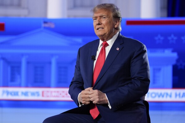 Republican presidential candidate former President Donald Trump speaks during a Fox News Channel town hall in Des Moines, Iowa, Wednesday, Jan. 10, 2024. (AP Photo/Carolyn Kaster)
