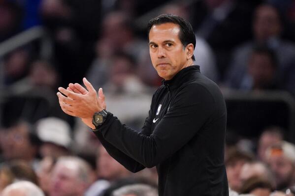 Miami Heat head coach Erik Spoelstra works the bench during the first half of Game 1 in the NBA basketball Eastern Conference semifinals playoff series against the New York Knicks, Sunday, April 30, 2023, in New York. (AP Photo/John Minchillo)