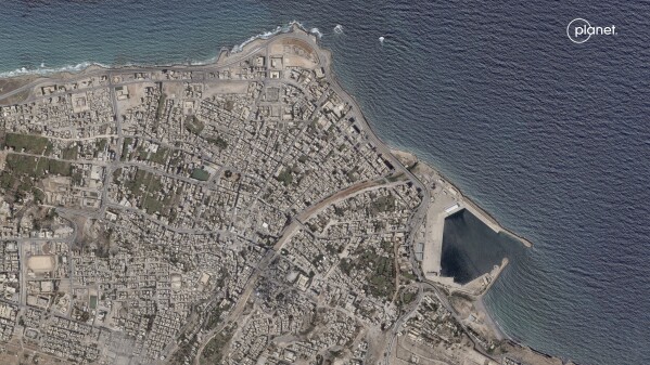 This satellite photo from Planet Labs PBC shows Derna, Libya, on Sept. 2, 2023, before flooding. (Planet Labs PBC via AP)