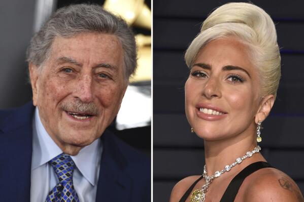 In this combination photo, Tony Bennett, left, arrives at the 61st annual Grammy Awards on Feb. 10, 2019, in Los Angeles and Lady Gaga arrives at the Vanity Fair Oscar Party on Feb. 24, 2019, in Beverly Hills, Calif.  Bennett, with 18 Grammy wins under his belt, is nominated with Lady Gaga for record of the year for their version of “I Get a Kick Out of You.” (AP Photo)