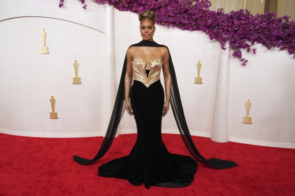 Laverne Cox arrives at the Oscars on Sunday, March 10, 2024, at the Dolby Theatre in Los Angeles. (Photo by Jordan Strauss/Invision/AP)