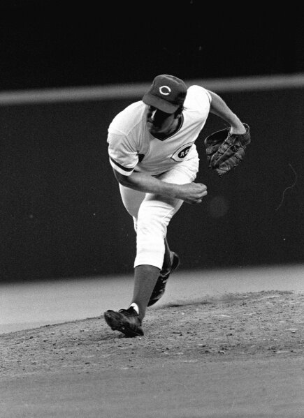 FILE - In this June 17, 1978, file photo, Cincinnati Reds pitcher Tom Seaver watches a pitch to a St. Louis Cardinals batter on his way to a no-hitter in a baseball game in Cincinnati. Seaver, the galvanizing leader of the Miracle Mets 1969 championship team and a pitcher who personified the rise of expansion teams during an era of radical change for baseball, has died. He was 75. The Hall of Fame said Wednesday night, Sept. 2, 2020, that Seaver died Aug. 31 from complications of Lewy body dementia and COVID-19. (AP Photo, File)