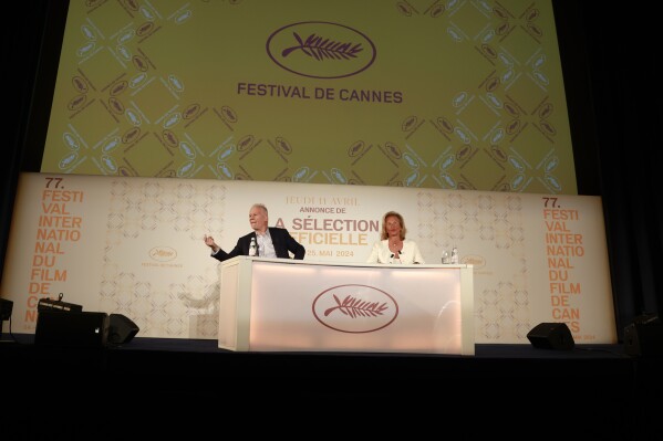 Cannes film festival president Iris Knobloch, right, and Cannes film festival delegate general Thierry Fremaux attend a press conference to announce the International Cannes film festival line up for the upcoming 77th edition of the Cannes Film Festival, Thursday, April 11, 2024 in Paris. The Cannes Film Festival will run from May 14 to May 25 2024. (AP Photo/Aurelien Morissard)