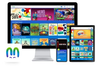 This product image released by Pinna shows the Pinna app displayed on a computer, mobile phone and tablet. The on-demand streaming service offers podcast, audiobook and music compilations for kids. (Pinna via AP)