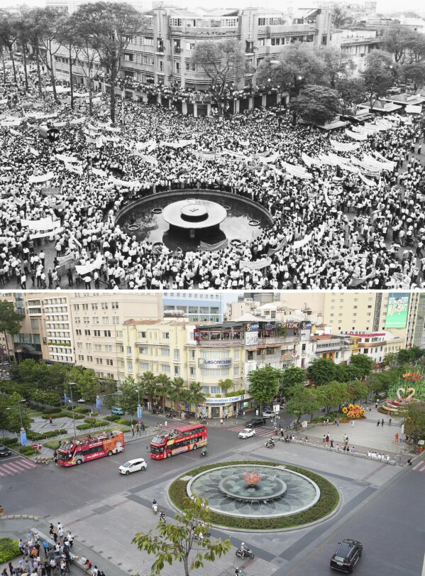 This combination of photos shows more than 40,000 South Vietnamese packed streets and squares of downtown Saigon in a catholic demonstration on June 7, 1964 in which they denounced U.S. Ambassador Henry Cabot Lodge, top, and Double-decker tourist buses driving past the same location in Ho Chi Minh city, Vietnam, Feb. 22, 2025. (AP Photo/Horst Faas, Hau Dinh)