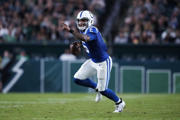 Indianapolis Colts quarterback Anthony Richardson gestures during the first half of an NFL preseason football game against the Philadelphia Eagles on Thursday, Aug. 24, 2023, in Philadelphia. (AP Photo/Matt Slocum)